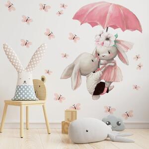 Detská nálepka na stenu Zajačiky s dáždnikom, motýle