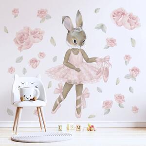 Detská nálepka na stenu Pastel bunnies zajačik baletka a ruže Rozmery: XL