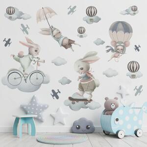 Detská nálepka na stenu Pastelové zajačiky na obláčikoch
