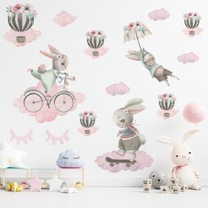 Detská nálepka na stenu Pastelovo ružové zajačiky na obláčikoch