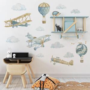 Detská nálepka na stenu Retro balóny a lietadlá - lietadlá, balóny a mraky