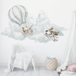 Detská nálepka na stenu Adventure in the sky - mačka v balóne a psík na rogale Rozmery: 120 x 67 cm