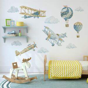Detská nálepka na stenu Retro balóny a lietadlá - oblaky, tri lietadlá a dva balóny