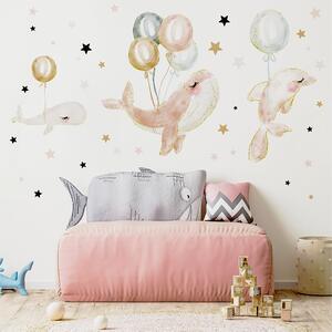 Detská nálepka na stenu Magic ocean - ružové veľryby s balónmi Rozmery: 100 x 100 cm