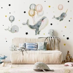 Detská nálepka na stenu Magic ocean - modré veľryby s balónmi Rozmery: 100 x 100 cm