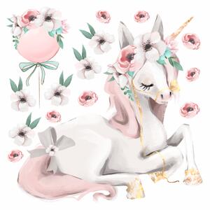 Detská nálepka na stenu Pastel unicorns - jednorožec, kvety a balón
