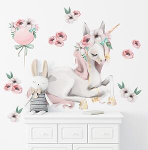 Detská nálepka na stenu Pastel unicorns - jednorožec, kvety a balón