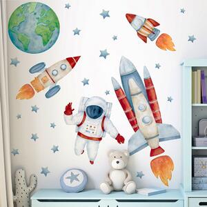 Detská nálepka na stenu Solar system - Zem, rakety a astronaut