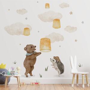 Detská nálepka na stenu Magické zvieratká - medvedík, ježko a lampióny