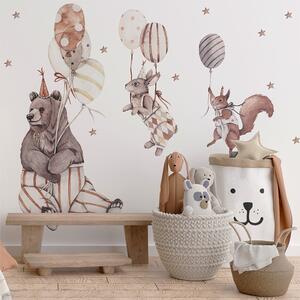 Detská nálepka na stenu Párty zvieratká - medvedík, zajačik a veverička s balónmi