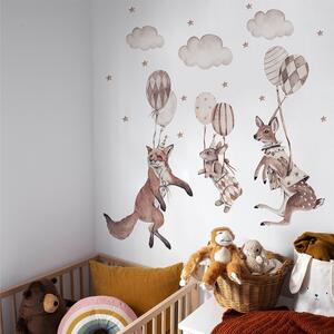 Detská nálepka na stenu Party animals - srnka, zajačik a líška s balónmi