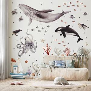 Detská nálepka na stenu Ocean - veľryba, kosatka, chobotnica a korytnačky