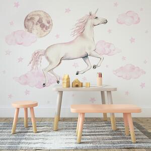 Detská nálepka na stenu Pastelový jednorožec, obláčiky, mesiac a hviezdičky Farba: Ružová
