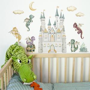Detská nálepka na stenu The world of dragons - draci, vajíčka, poklad, diamanty a zámok