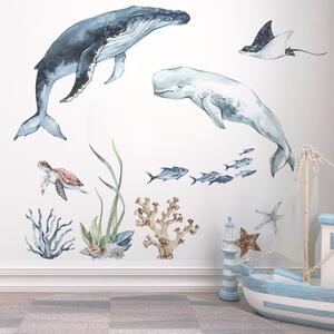 Detská nálepka na stenu Ocean - veľryba, bieluha, korytnačka a raja