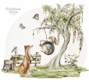 Detská nálepka na stenu Woodland walk - líška a zajačik na hojdačke Rozmery: 110 x 93 cm