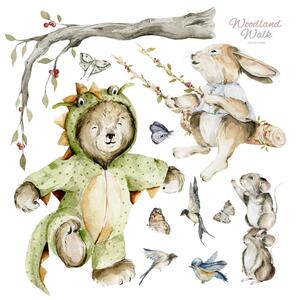 Detská nálepka na stenu Woodland walk - medvedík, zajačik a myšky