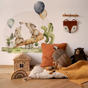 Detská nálepka na stenu Woodland walk - zajačiky na mrkve s balónmi Rozmery: 70 x 66 cm
