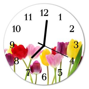 Sklenené hodiny okrúhle Farebné tulipány fi 30 cm