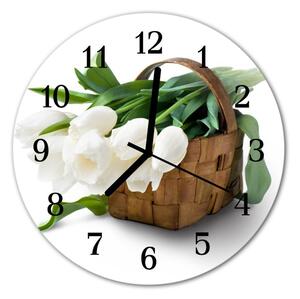 Nástenné sklenené hodiny Košíček tulipánov fi 30 cm