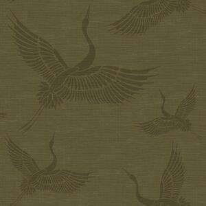 Vliesová zelená/khaki tapeta - vtáky, žeriavy - látková textúra 347758, Natural Fabrics, Origin