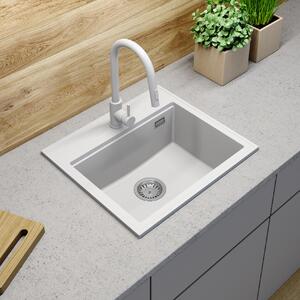 Sink Quality Ferrum New 5055, 1-komorový granitový drez 560x500x210 mm + grafitový sifón, biela, SKQ-FER.5055.WH.XB