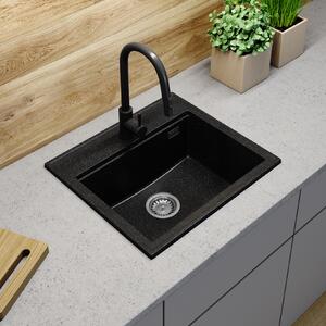 Sink Quality Ferrum New 5055, 1-komorový granitový drez 560x500x210 mm + grafitový sifón, čierna škvrnitá, SKQ-FER.5055.BP.XB
