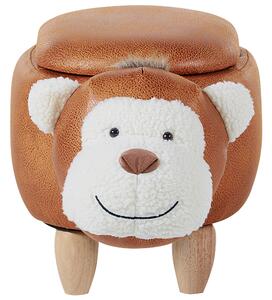 Detská stolička zviera Monkey s úložným priestorom Hnedá podnožka s drevenými nohami z umelej kože