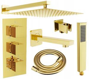 Mexen Cube DR02 podomietkový vaňový a sprchový set s hlavovou sprchou 25x25 cm (7v1), zlatá lesklá, 77503DR0225-50