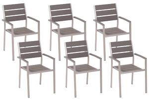 Sada 6 jedálenských záhradných stoličiek zo sivého plastového dreveného roštu s hliníkovým rámom sada vonkajších stoličiek