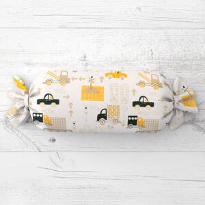 Biante Detský vankúš valec bonbon Sandra SA-672 Žlté a sivohnedé autá v meste na bielom 15x40 cm