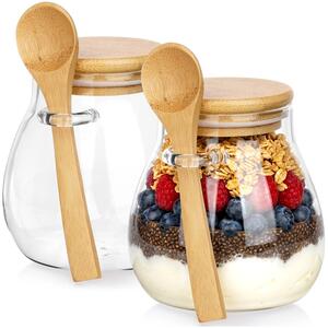 VILDE Sada 2ks pohárov na jogurt / dezert s bambusovým viečkom a lyžicou, 2x440ml