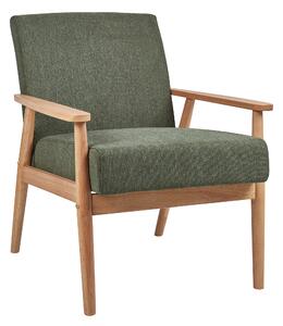 Kreslo zelené látkové čalúnenie polyester retro dizajn svetlé drevené nohy a opierky rúk obývacia izba