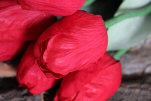 Červený umelý tulipán v puku s listami 65cm 1ks