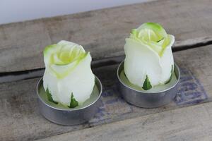 Biele melírované sviečky v tvare hlavičky ruže 2ks