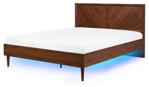 Posteľ tmavé drevo 160 x 200 cm viacfarebné LED osvetlenie s vysokým čelom rustikálny moderný štýl spálňa