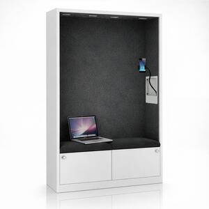 Skriňa so sedadlom a zónou ticha SALLY MentalBox, biela konštrukcia, tmavošedé sedadlo, 1850 x 1150 x 400 mm