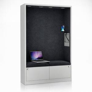 Skriňa so sedadlom a zónou ticha SALLY MentalBox, šedá konštrukcia, tmavošedé sedadlo, 1850 x 1150 x 400 mm