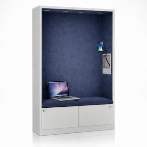 Skriňa so sedadlom a zónou ticha SALLY MentalBox, šedá konštrukcia, tmavomodré sedadlo, 1850 x 1150 x 400 mm