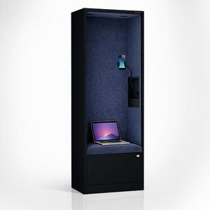 Skriňa so sedadlom a zónou ticha SALLY MentalBox, čierna konštrukcia, tmavomodré sedadlo, 1850 x 600 x 400 mm