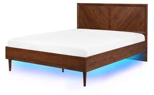 Posteľ tmavé drevo 140 x 200 cm viacfarebné LED osvetlenie s vysokým čelom rustikálny moderný štýl spálňa