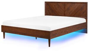 Posteľ tmavé drevo 180 x 200 cm viacfarebné LED osvetlenie s vysokým čelom rustikálny moderný štýl spálňa