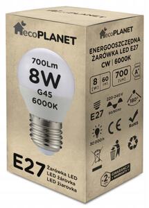 EcoPLANET LED žiarovka E27 - G45 - 8W - 700lm - studená biela