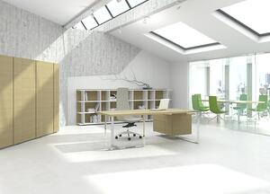 NARBUTAS - Kancelársky stôl PLANA 244x150x75 s preskleným panelom a pevným kontajnerom na ľavej strane