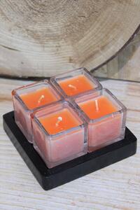 Oranžové sviečky v skle na drevenej tácke 11cm