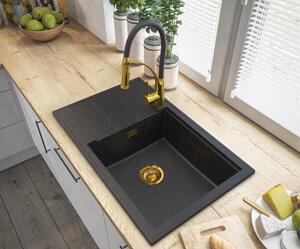 Sink Quality Ferrum New 8010, 1-komorový granitový drez 800x500x210 mm + zlatý sifón, čierna škvrnitá, SKQ-FER.8010.BP.XG