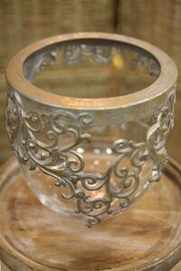 Sklenená nádoba s kovovým ornamentom 20cm