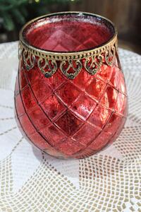 Červený sklenený svietnik s ornamentom 18cm