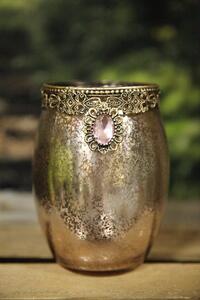 Ružový sklenený zdobený svietnik 17cm