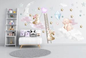 Milá detská nálepka na stenu zajačiky v oblakoch 80 x 160 cm